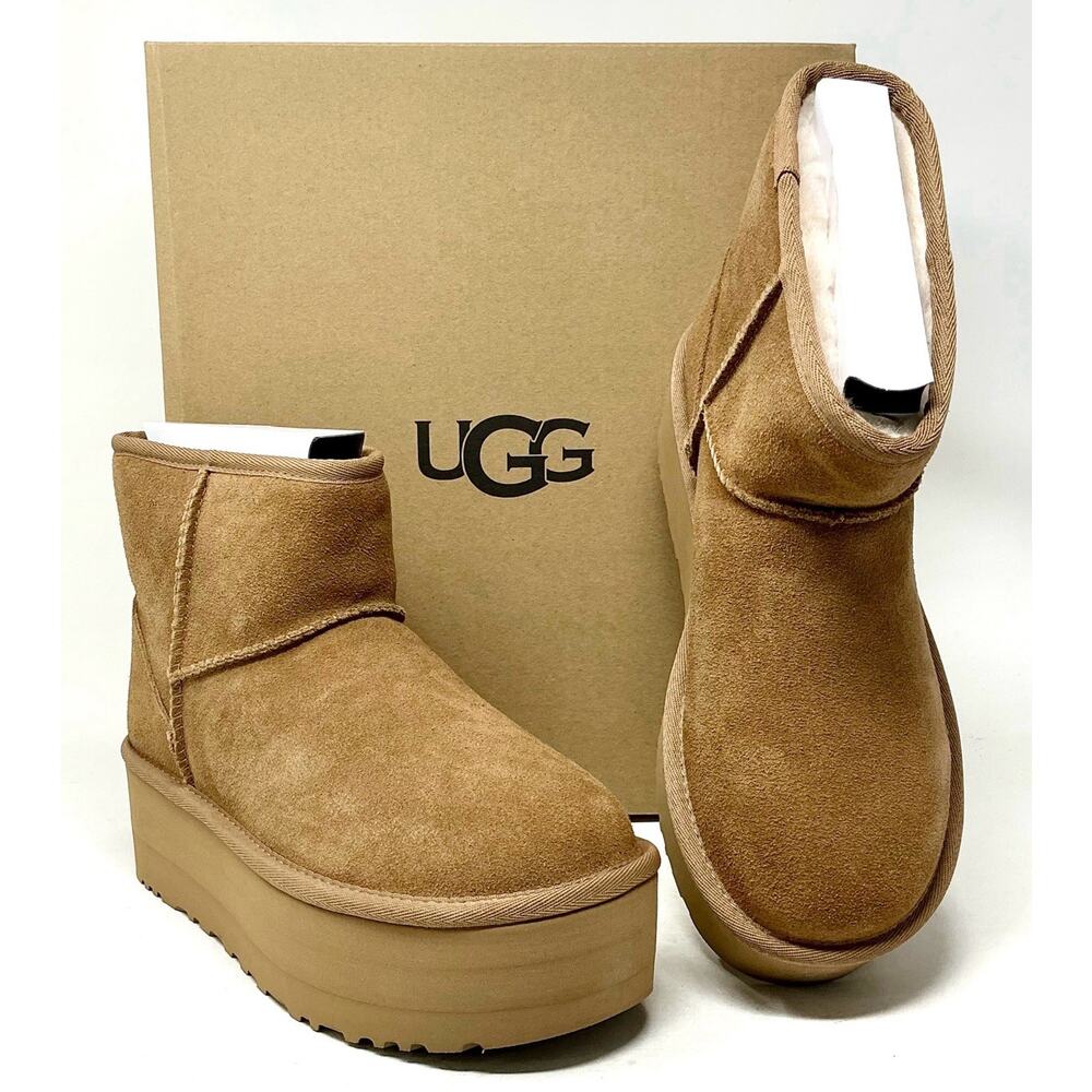 UGG Women Classic Mini Platform Suede Chestnut Boots NIB - Picture 4 of 16